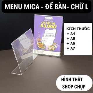 Menu mica chữ l để bàn khổ ngang và đứng - qr