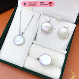  Bộ Trang Sức Ngọc Trai Hạt Dẹt 10ly Bề Mặt Bóng Phụ Kiện Bạc 925 Đơn Giản Sang Trọng - Ngọc Trai Trường Thịnh 