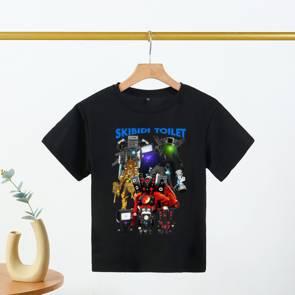 Áo thun trẻ em màu đen cotton 100% in hình Skibidi Toilet, Spearkerman, Cameraman, TVMan