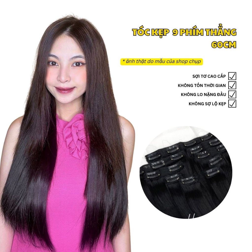 Tóc kẹp 9 phím thẳng 60 cm, tóc giả kẹp phím rời 9 mảnh thẳng giúp nối tóc tại nhà, tóc giả MySa