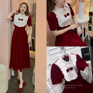 Ảnh tự chụp đầm midi nhung cổ phối peter pan đỏ rượu