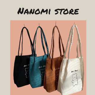 Túi tote vải nhung tăm thêu hình gấu cute