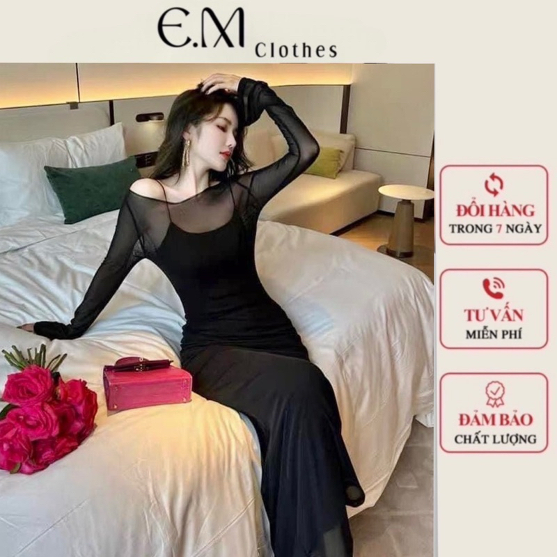 Set đầm body chất lưới lệch vai phong cách Hàn Quốc