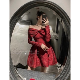 Đầm Váy trễ vai chữ A xòe 🔥gấm vân nổi sang xịn🔥 đỏ trắng tay dài nơ ngực chiết eo cúp ngực dự tiệc đi đám cưới bigsize