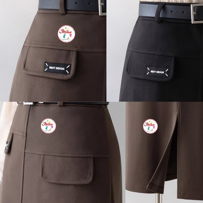 Chân váy dạ dài qua gối kèm đai 2 nắp túi style
