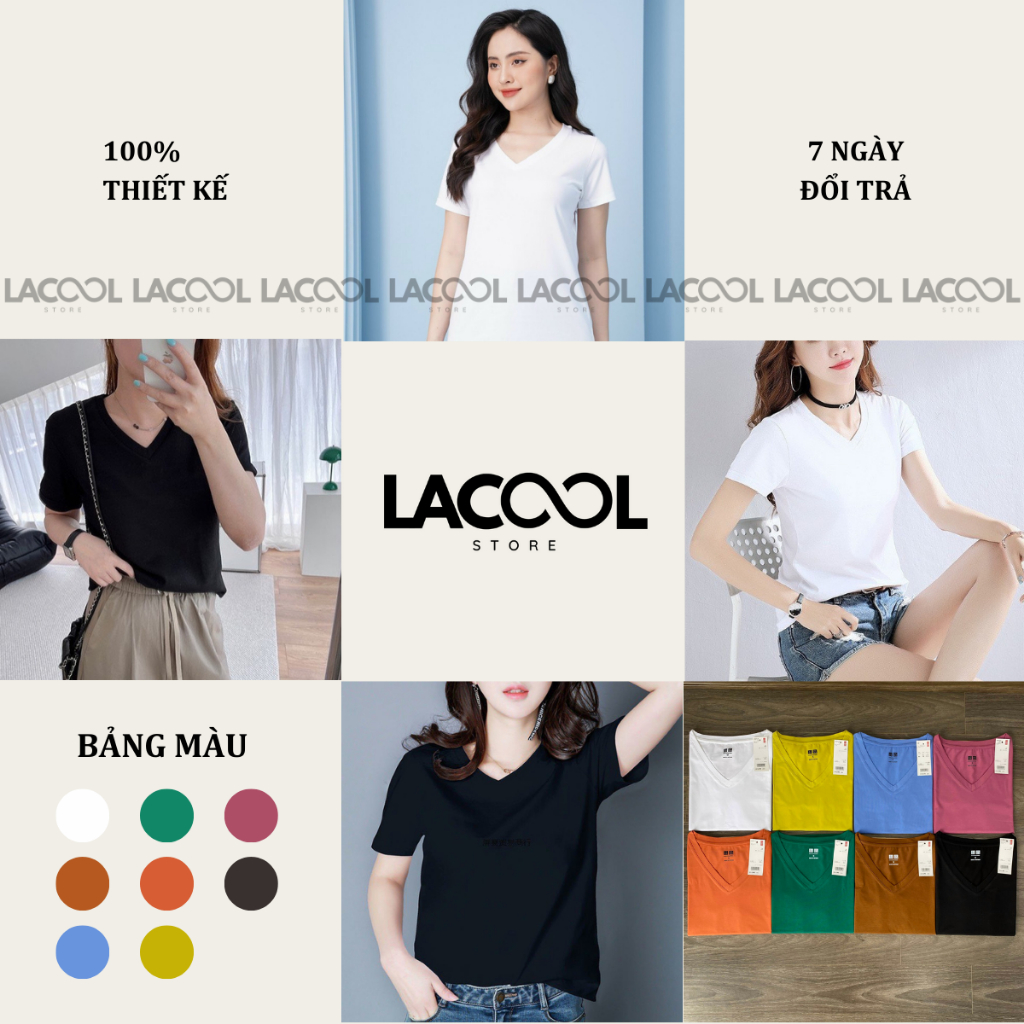 Áo Phông Nữ Cổ Tim Ngắn Tay LACOOL Dáng Suông Chất Cotton Basic Cao Cấp Co Giãn 4 Chiều Cổ Chữ V Duyên Dáng 8 Màu LA07 | BigBuy360 - bigbuy360.vn