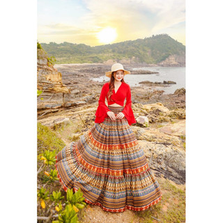 (Hàng chuẩn loại 1) SET MAXI ÁO CROPTOP + CHÂN VÁY THỔ CẨM ĐI DU LỊCH