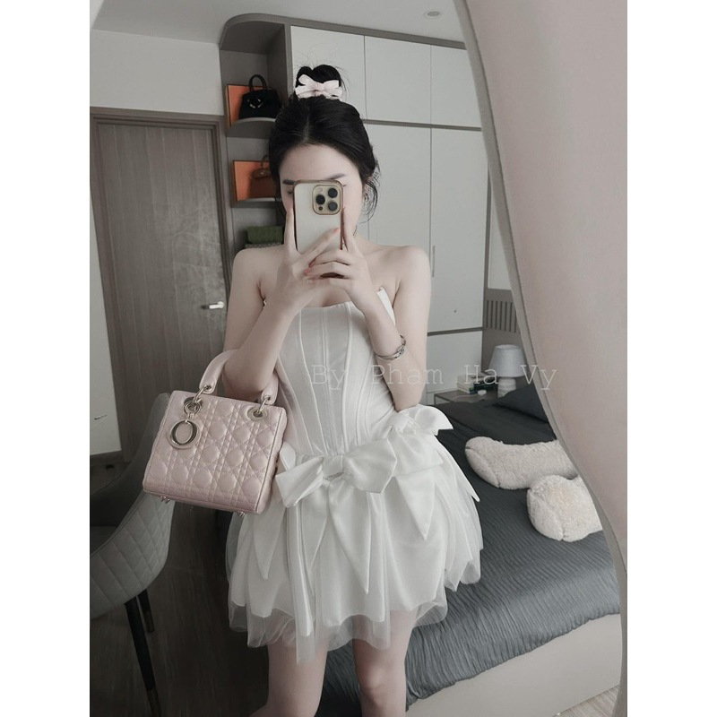 Đầm quây corset tacta mix nơ phối lưới siêu xinh