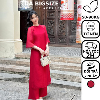 DA BIGSIZE - Áo Dài Bigsize Nữ Kiểu Dáng Suông Nút Bọc Tay Lửng Chất Tơ Nến Phối Lụa 2 Lớp Dành Cho Người Mập 50-90kg