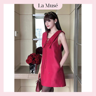 Váy nữ dáng chữ A cổ chữ V đính đá siêu sang đầm nữ chất liệu tafta bóng cao cấp dây nơ cổ