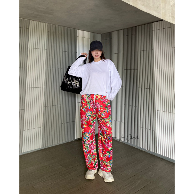 Quần dài unisex ống suông rộng, quần ngủ pijama hoạ tiết hoạt hình cute phong cách Hàn Quốc