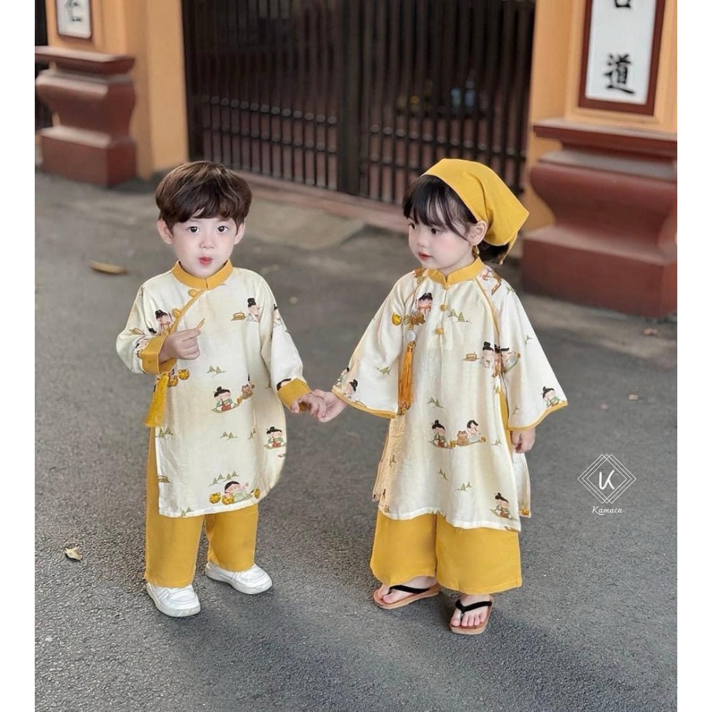Áo dài Tết cho bé trai bé gái chất vân mây dày dặn quần lụa ngọc trai siêu đẹp