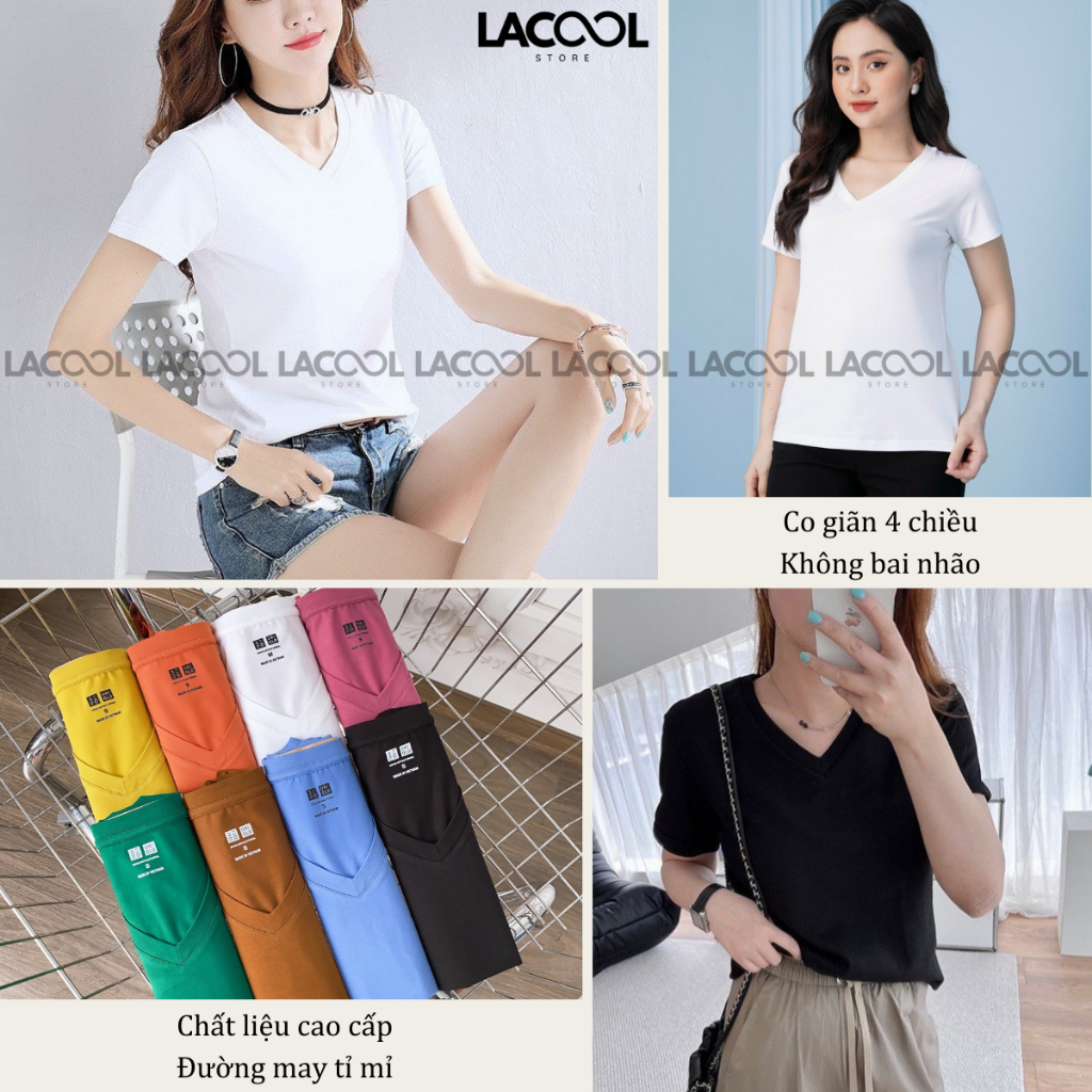 Áo Phông Nữ Cổ Tim Ngắn Tay LACOOL Dáng Suông Chất Cotton Basic Cao Cấp Co Giãn 4 Chiều Cổ Chữ V Duyên Dáng 8 Màu LA07 | BigBuy360 - bigbuy360.vn