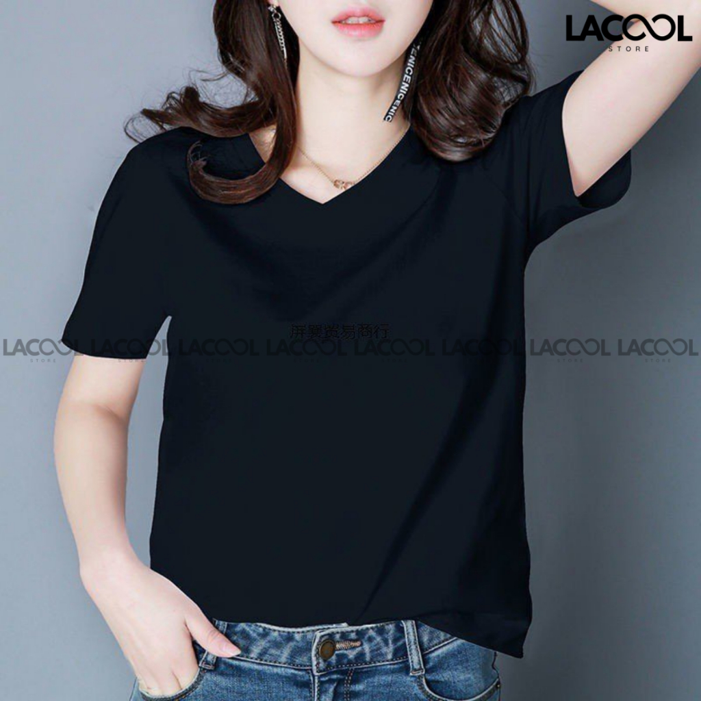 Áo Phông Nữ Cổ Tim Ngắn Tay LACOOL Dáng Suông Chất Cotton Basic Cao Cấp Co Giãn 4 Chiều Cổ Chữ V Duyên Dáng 8 Màu LA07 | BigBuy360 - bigbuy360.vn