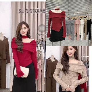 Áo len tăm trễ vai vạt nhọn kèm chocker cổ tiểu thư