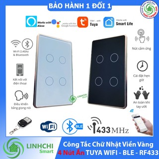 Công tắc chữ nhật viền vàng 4 nút ấn Tuya WIFI Bluetooth RF433  Điều Khiển Qua App, Giọng Nói, điều khiển từ xa