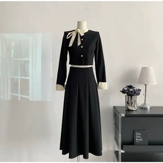 🎀 (Có sẵn) Set bộ chân váy và áo tiểu thư đen phối nơ buộc lệch vai duyên dáng