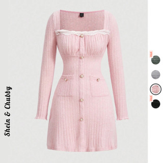 [Bigsize 50-75kg / Order] Đầm len ôm đính nút cổ vuông tay dài thanh lịch