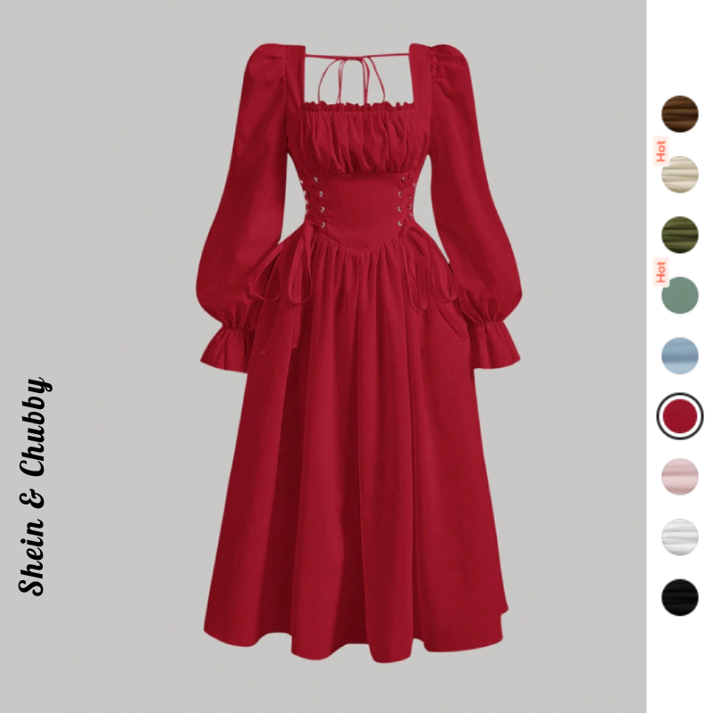 [Bigsize 50-85kg / Order] Đầm dài thắt eo corset cổ vuông tay dài bồng tiểu thư cổ điển dự tiệc than