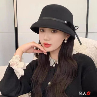 Mũ dạ cao cấp dáng cụp đai nơ lông tiểu thư