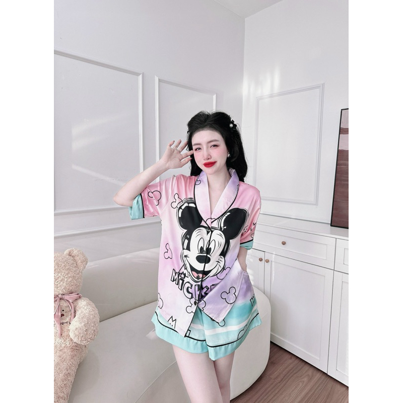 Bộ đùi Mickey loang cổ lá viền lé,TK Lụa mịn Latin cao cấp loại 1