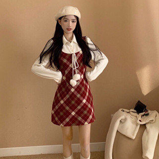 SẴN Bộ Áo Khoác Len Lông Cừu + Đầm Sọc Ca Rô Thời Trang Ấm Áp Xinh Xắn Cho Nữ Mùa Thu Đông