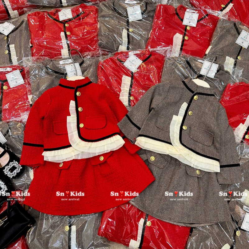 Xả Set dạ bèo viền đen sn kids cho bé gái mặc noel giáng sinh,tết