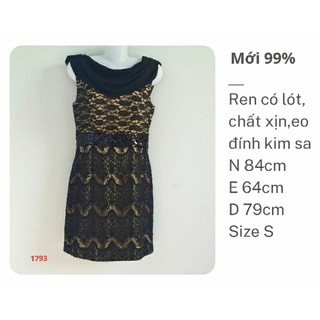 Đầm si, đầm dự tiệc màu đen eo đính kim sa, ren phối voan có lót Size S mới 99%