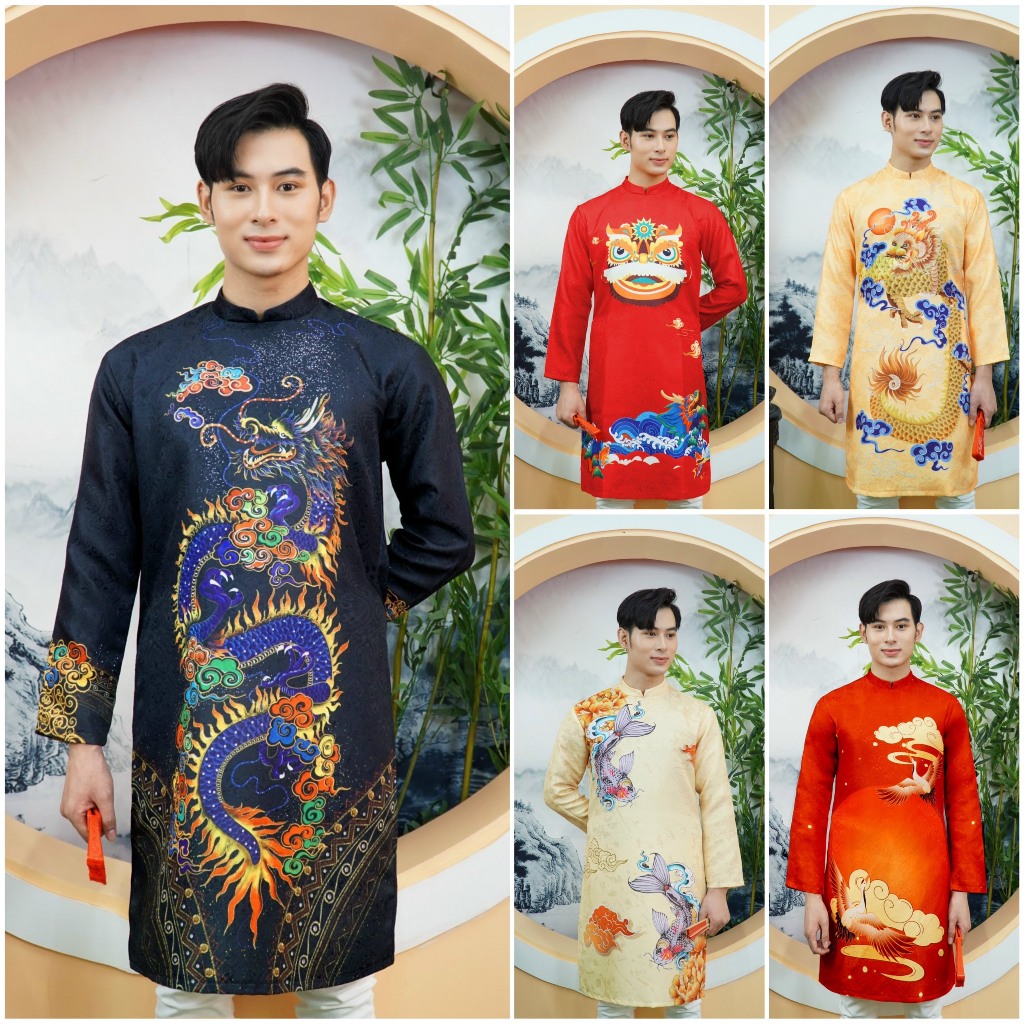 Áo dài cách tân nam tết mẫu thiết kế chất liệu gấm cao cấp in họa tiết có size lớn 50kg - 92kg