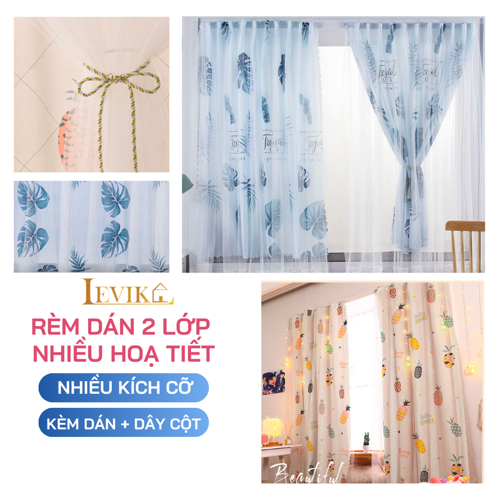 Rèm cửa dán tường 2 lớp LEVIKA họa tiết dễ thương, không khoan đục, chắc chắn, giá rẻ