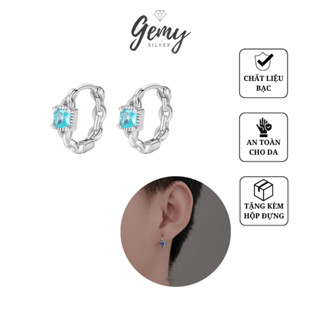 Khuyên tai nam tròn bạc 925 đính đá xanh hình vuông và trái tim unisex (1 chiếc) | GEMY SILVER KN114