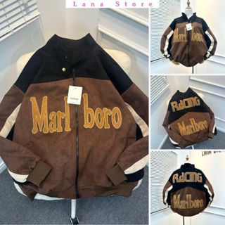 [Ảnh Thật] Áo Khoác Marlboro Racing Nâu Phối Chất Da Lộn Quảng Châu Form Rộng Tay Bồng Thêu Sắc Nét