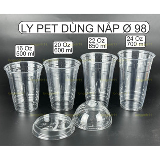 50 Ly nhựa PET PHI 98 dày, đáy bằng, ly dùng 1 lần, có kèm nắp - 500ml, 600ml, 650ml, 700ml, cốc coffee mang đi.