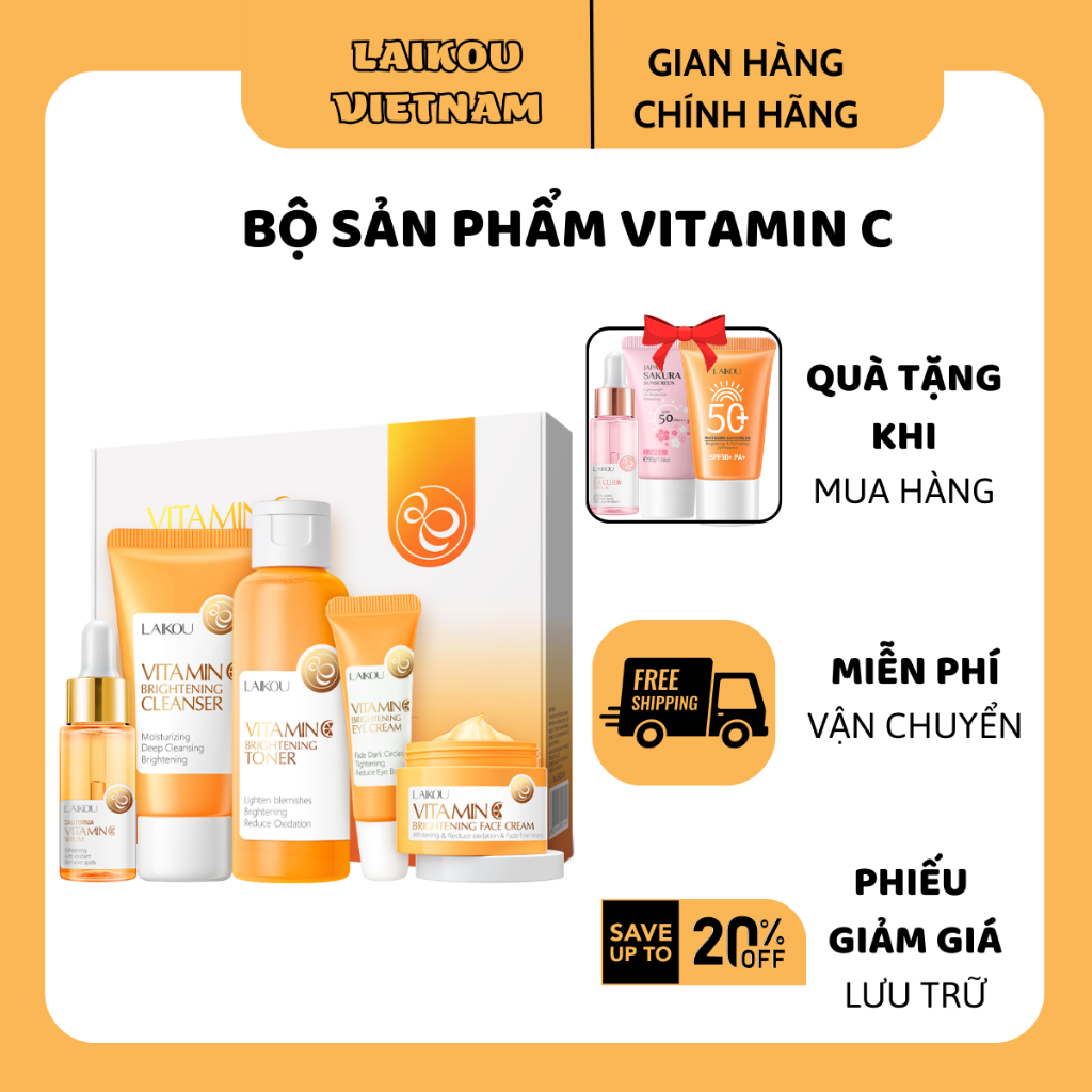 LAIKOU Bộ sản phẩm Chăm sóc da Vitamin C 5 món giúp làm sáng da, mở thâm