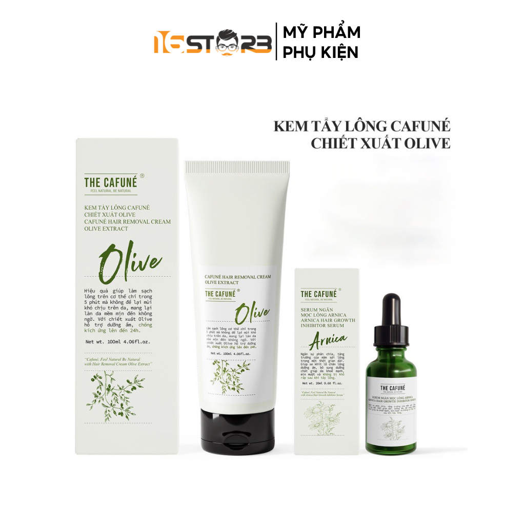 Combo Kem Tẩy Lông Olive và Serum Ức Chế Mọc Lông Arnica Cafuné triệt lông cho vùng kín, bikini, chân, tay, nách 100ml