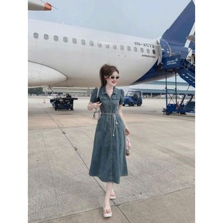 Đầm thời trang sang chảnh nữ mặc đi dự sự sang trọng chất jean cổ bẻ sơ-mi 2 túi trước ngực tay ngắn mix dáng váy chữ A.
