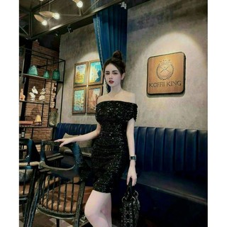 Đầm thời trang nữ 2024 đang hót mặc đi dự tiệc chất liệu kim sa đầm trễ vai body ôm mix dáng chữ A dài mini 3 Màu.