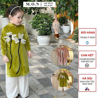 Set áo dài bé gái nhung hoa đính kết thủ công