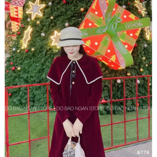Váy Nhung Phối cổ viền ren sang Chảnh,váy noel váy tết chất nhung mịn mặc đứng fom hàng chuẩn tag mác
