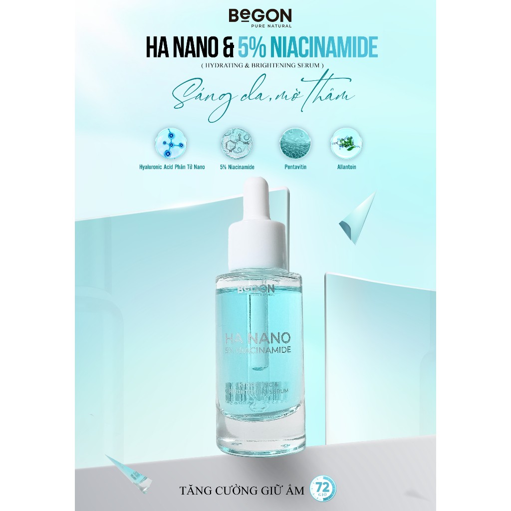 Serum HA Nano 5% Niacinamide, Hỗ Trợ Dưỡng Ẩm, Kiềm Dầu, Thu Nhỏ Lỗ Chân Lông & Sáng Da| BEGON