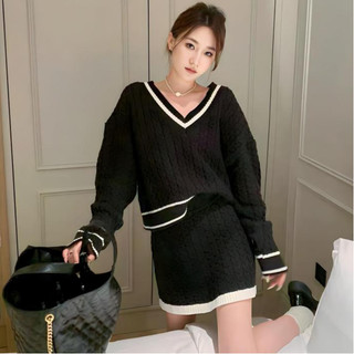 SET ÁO LEN CỔ V CHÂN VÁY PHỐI VIỀN BASIC