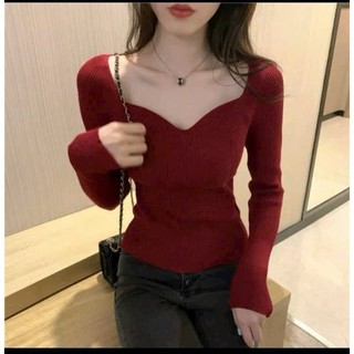 Áo Kiểu Nữ Tay Dài Cổ Tim Sen Ôm Body Cực Đẹp CTS Đỏ Đô Mặc Tết Noel Xinh Xĩu