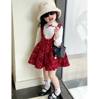 Set váy dạ kẻ đỏ phối áo zip QC nơ đỏ cho bé gái 10-22kg Mềm