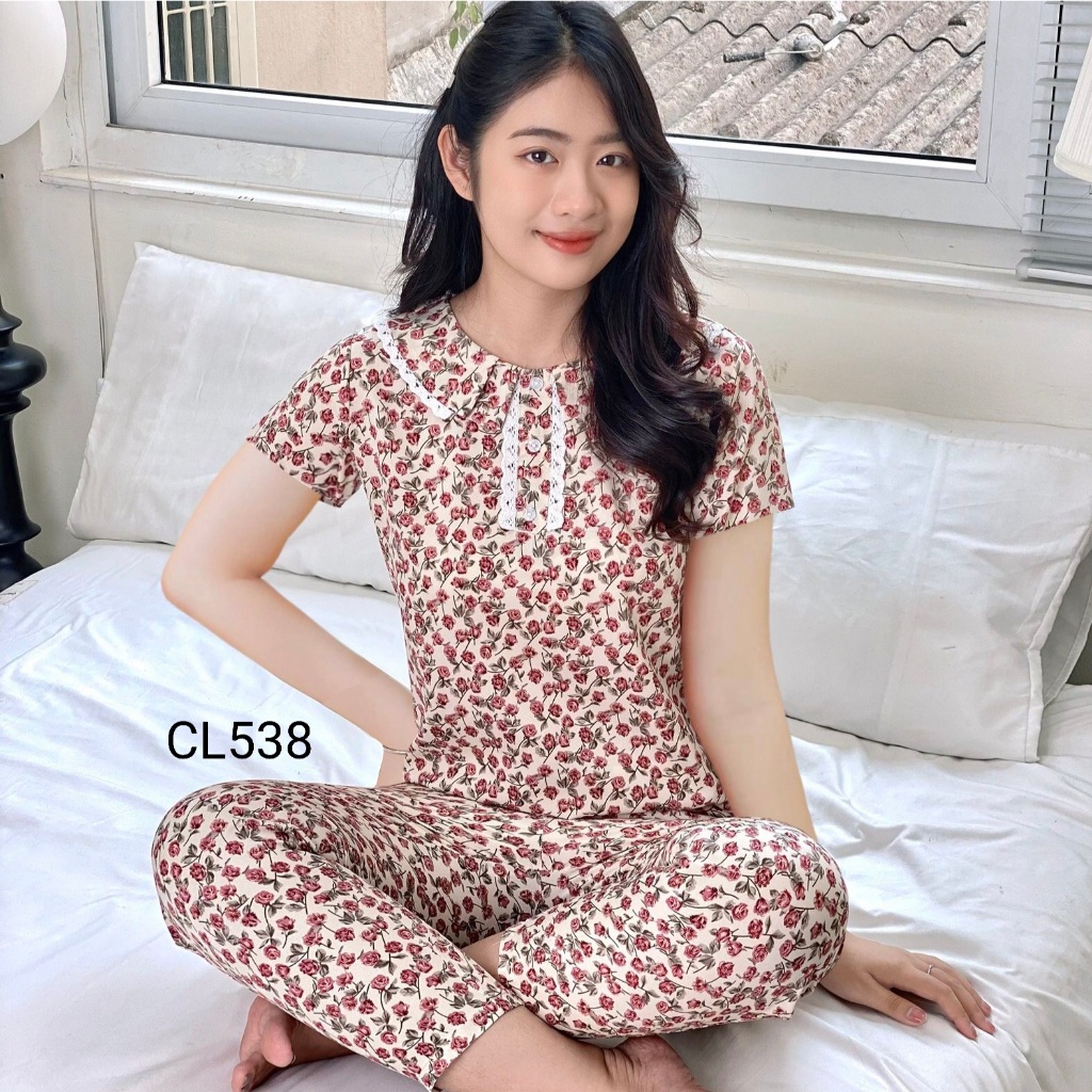 Đồ bộ mặc nhà cổ xếp phối ren cộc tay quần dài