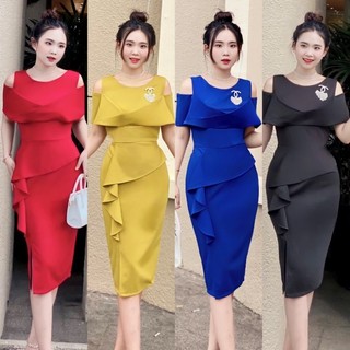 Đầm body thiết kế bẹt vai hở vai bèo váy kèm tag cài áo- TẶNG HOA TAI