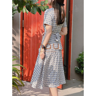 Đầm caro dáng midi phối dây eo