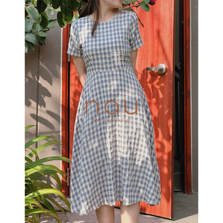 Đầm caro dáng midi phối dây eo