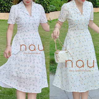 Đầm hoa chỉ thêu cổ vest dáng midi