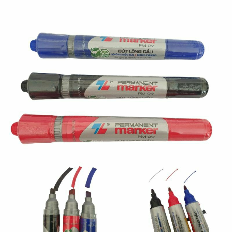 Bút lông dầu Thiên Long PM-09, 2 đầu bơm mực, nét to 6.0mm và nhỏ 0.8mm