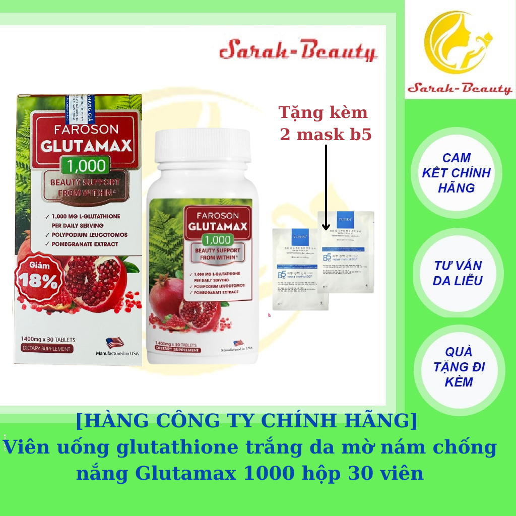 [CHÍNH HÃNG] Viên uống glutathione trắng da mờ nám chống nắng Glutamax 1000 hộp 30 viên